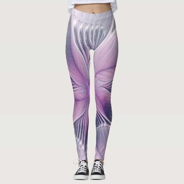 Pretty Pink Flower Modern Abstract Fractal Art Leggings (Front)