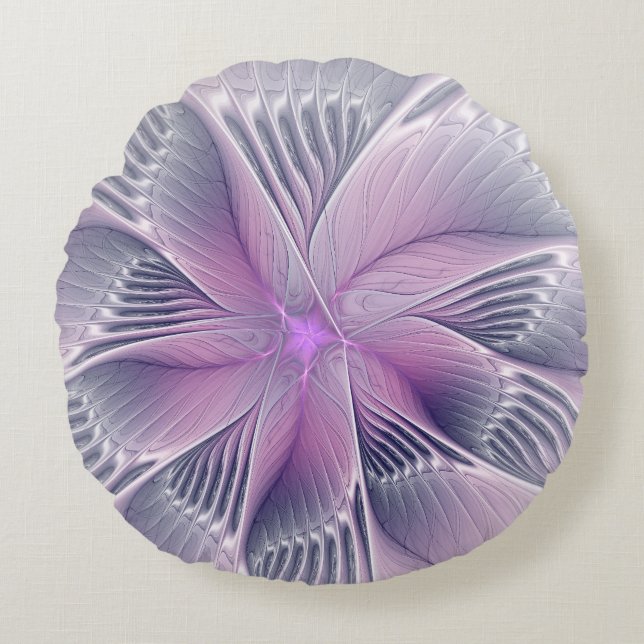 Pretty Pink Flower Modern Abstract Fractal Art Round Pillow (Front)