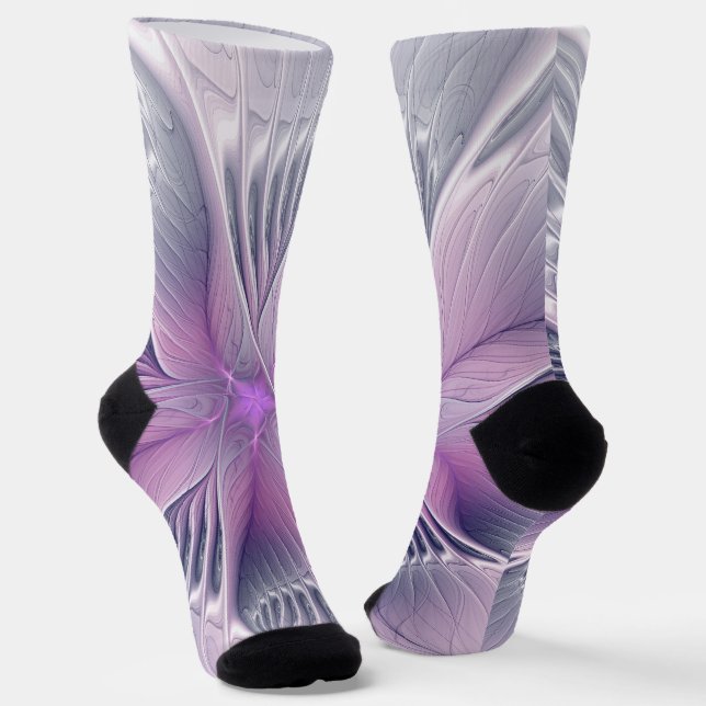 Pretty Pink Flower Modern Abstract Fractal Art Socks (Angled)