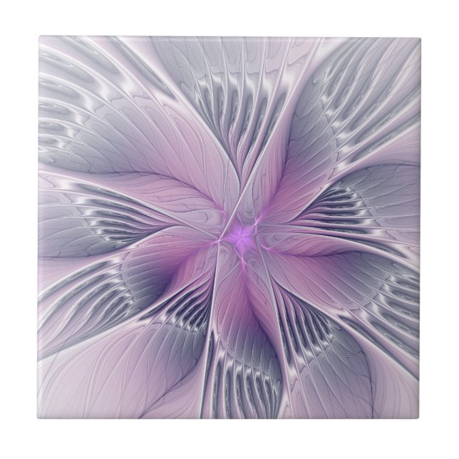 Pretty Pink Flower Modern Abstract Fractal Art Tile (Front)