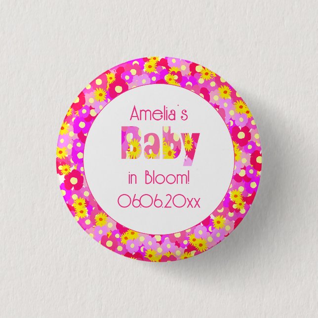 Pretty Pink Flower Personalized Baby Shower 1 Inch Round Button (Front)