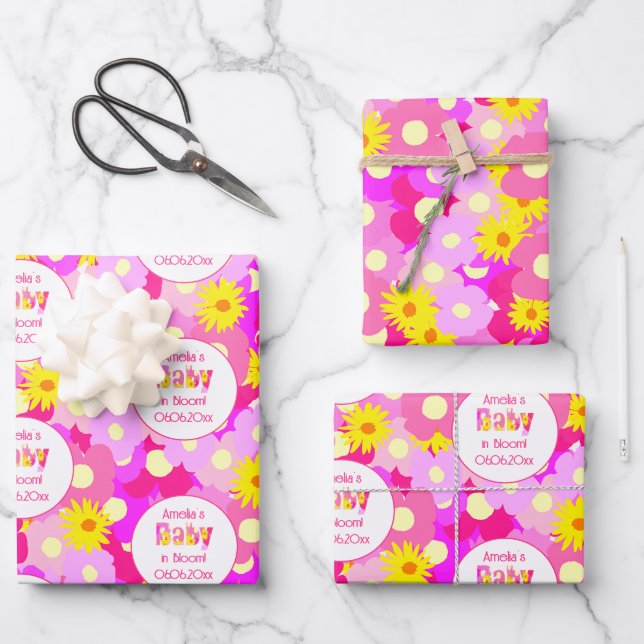 Pretty Pink Flower Personalized Baby Shower Wrapping Paper Sheet (Front)