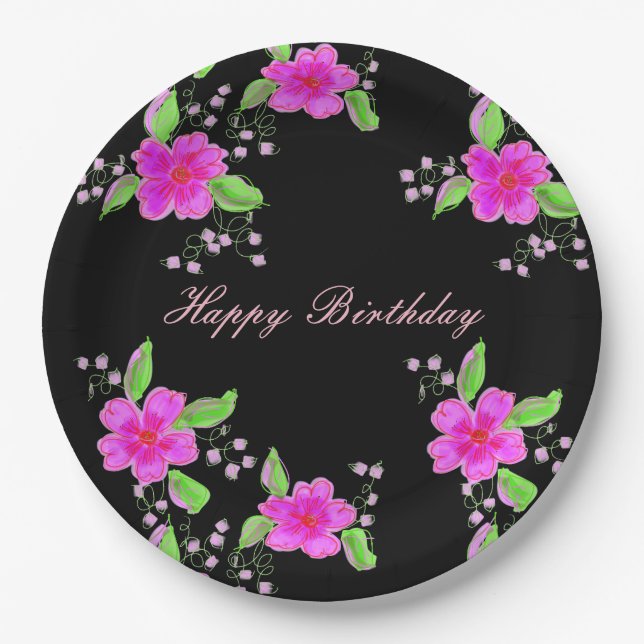 Pretty Pink Flowered Paper Birthday Decor Plate (Front)