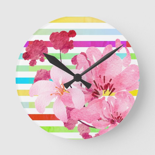 Pretty Pink Flowers And Stripes Round Clock (Front)