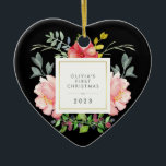 Pretty Pink Flowers Babys First Christmas on Black Ceramic Ornament<br><div class="desc">This beautiful ornament features lovely watercolor style pink peonies and grey and green leaves. A square frame with faux gold foil is in the centre, and you can personalize with your baby's name and any message or year by using the template. (PLEASE NOTE: the gold look is printed on, and...</div>