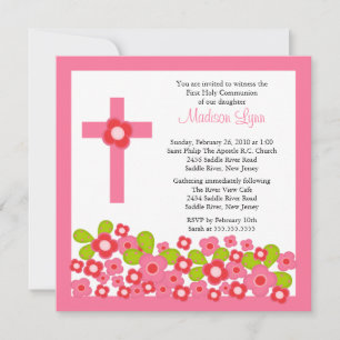 Pretty Pink Flowers & Cross First Holy Communion Invitation