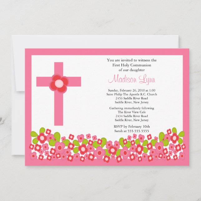 Pretty Pink Flowers & Cross First Holy Communion Invitation (Front)