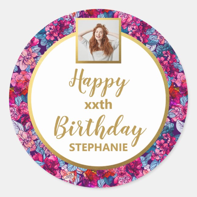 Pretty Pink Flowers, Custom Photo, Happy Birthday Classic Round Sticker (Front)
