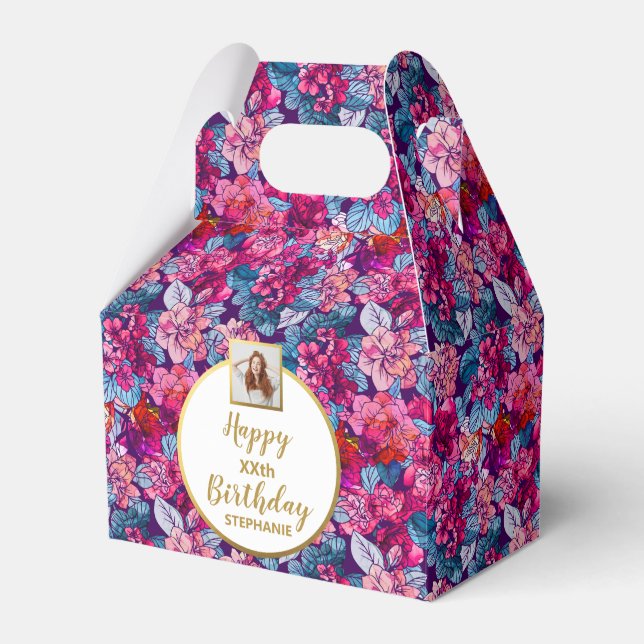Pretty Pink Flowers, Custom Photo, Happy Birthday Favor Box (Front Side)