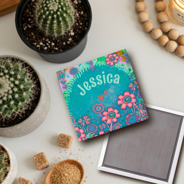 Pretty Pink Flowers Custom Teal Inspirivity Magnet (Creator Uploaded)