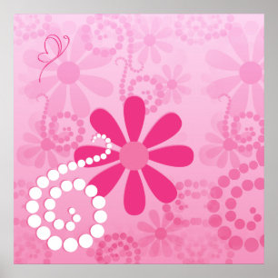 Pretty Pink Flowers Cute Retro Daisy Pattern Poster