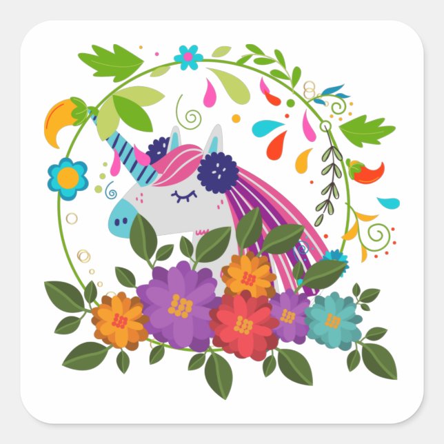 Pretty Pink Flowers Cute Unicorn Christmas Xmas  Square Sticker