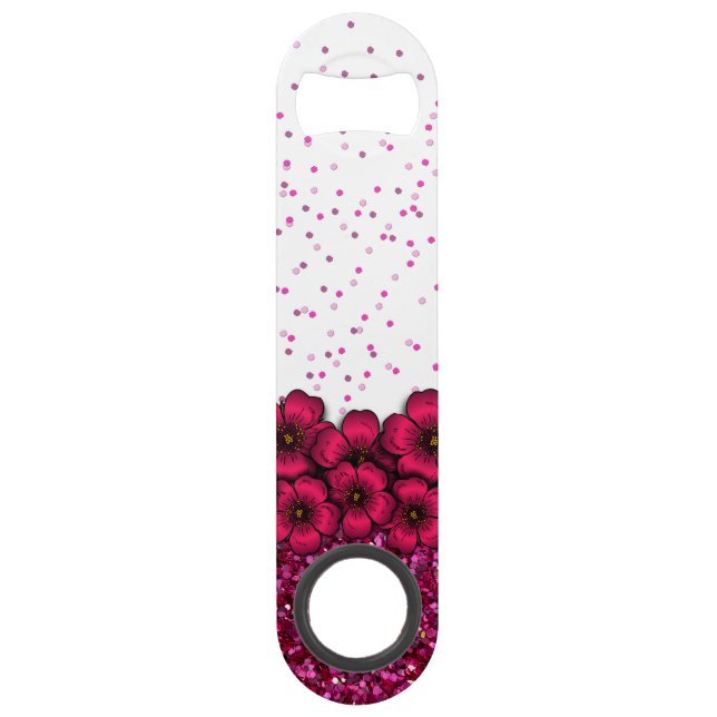 Pretty Pink Flowers Falling Faux Glitter Confetti Bar Key (Front)