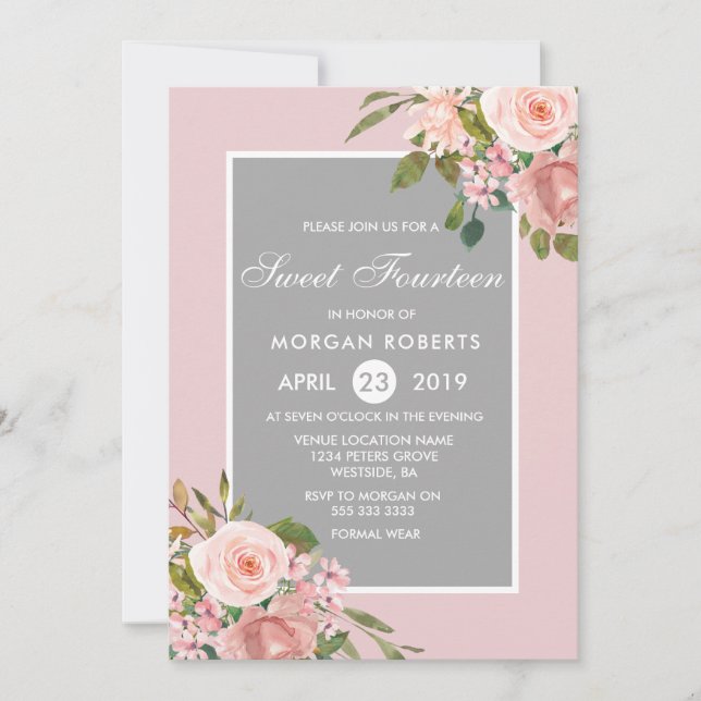 Pretty Pink Flowers Girls 14th Birthday Invite (Front)