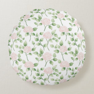 Pretty Pink Flowers Green Leaves Baby Shower Round Pillow