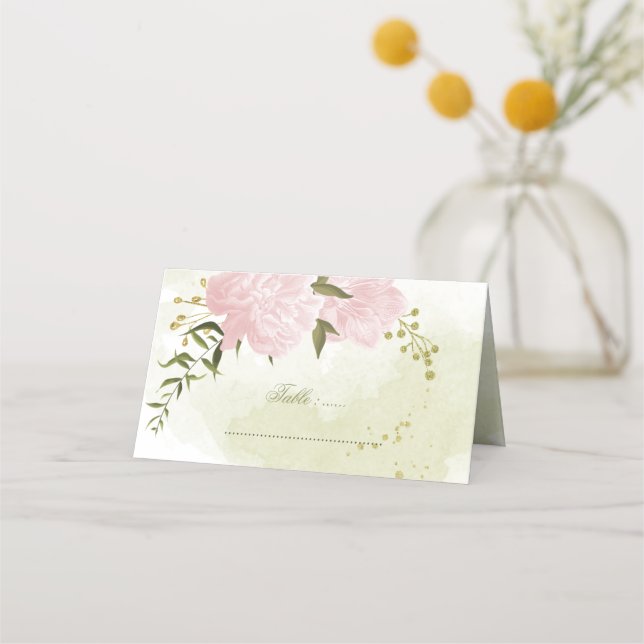 pretty pink flowers green leaves place card (Front)