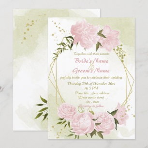 pretty pink flowers greenery geometric wedding invitation
