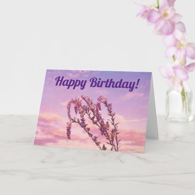 Pretty Pink Flowers on a Sunset Sky Birthday Card (Orchid)