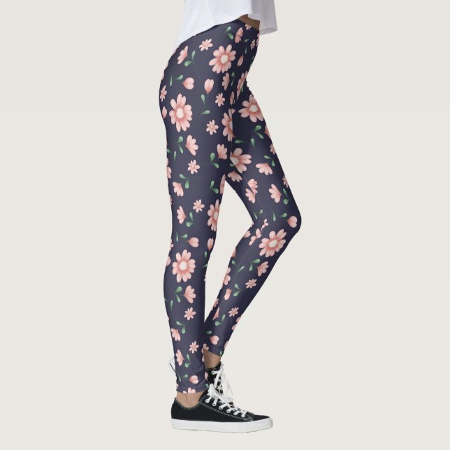 Pretty Pink Flowers On Navy Leggings (Right)