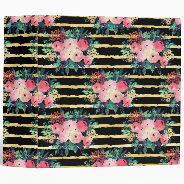 Pretty Pink Flowers Paint Gold Stripes Pattern Binder (Front/Spine)