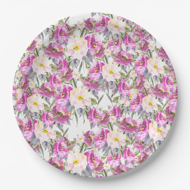 Pretty Pink Flowers Paper Plate (Front)