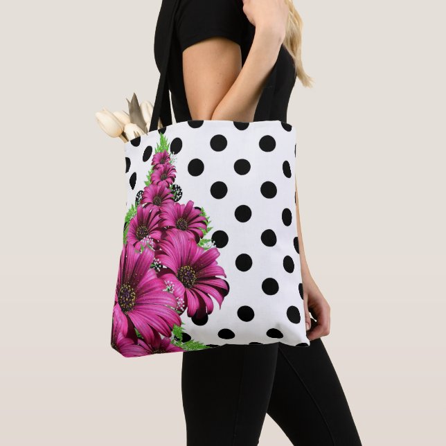 Pretty Pink Flowers Polka Dot Tote Bag (Close Up)