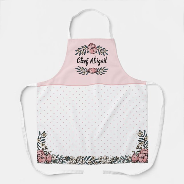 Pretty Pink Flowers & Polka Dots Add Name Apron (Front)