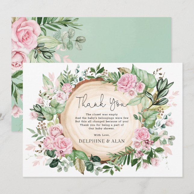 Pretty Pink Flowers Rose Garden Baby Shower Thank You Card (Front/Back)