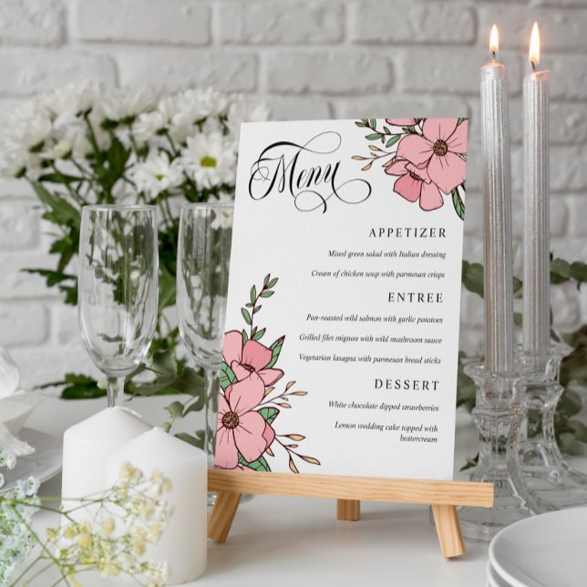 Pretty Pink Flowers Swirly Script Wedding Menu (Creator Uploaded)