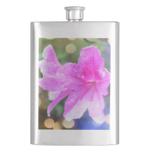 pretty pink garden flowers. floral botanical photo hip flask