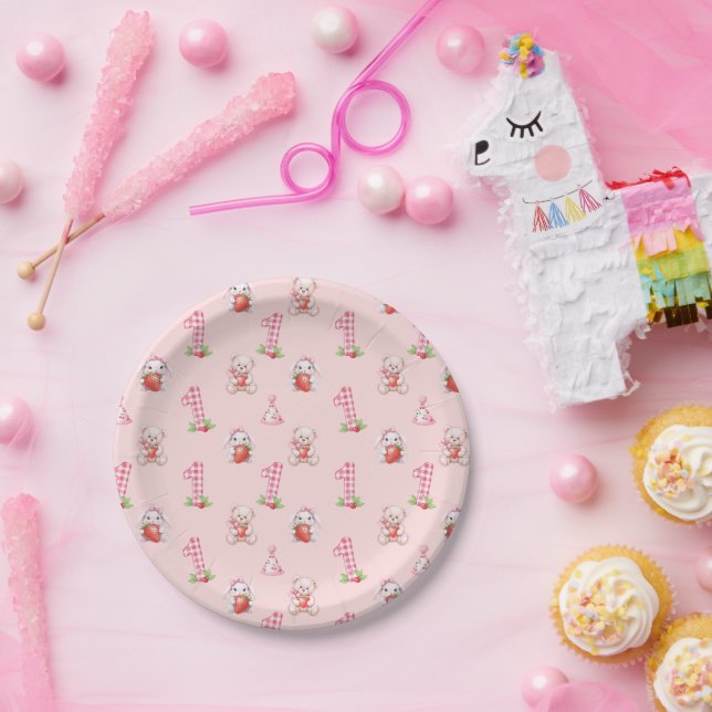 Pretty Pink Gingham, Bunnies and Bears! Paper Plate (Party)