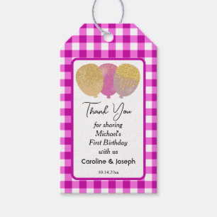 Pretty Pink Gingham, Glitter Balloons Birthday Gift Tags