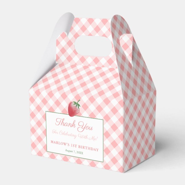 Pretty Pink Gingham Strawberry Picnic Birthday Favor Box (Front Side)