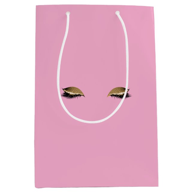 Pretty Pink Girly Gold Glam Glitter Eyelashes Medium Gift Bag (Front)