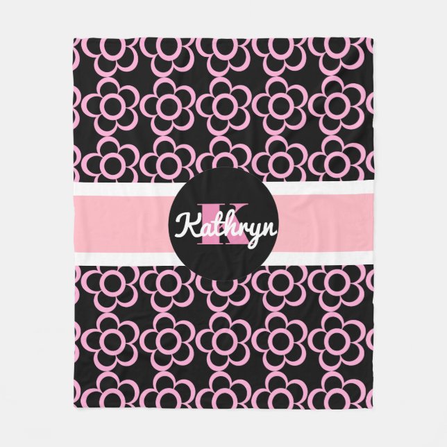 Pretty Pink & Girly w/Daisies & Personalization Fleece Blanket (Front)