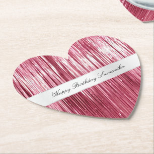 Pretty Pink Glam Tinsel Stripes Paper Coaster