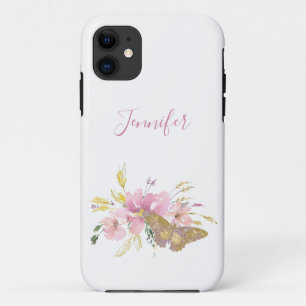 Pretty Pink Glitter Butterfly Floral Personalized  iPhone 11 Case
