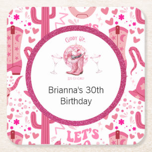 Pretty Pink & Glitter Cowgirl Birthday Square Paper Coaster