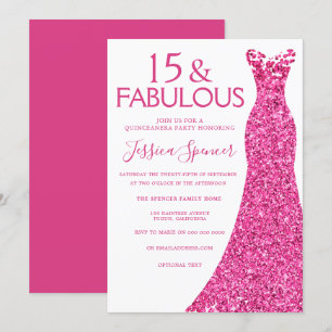 Pretty Pink Glitter Dress Quinceanera Party Invitation