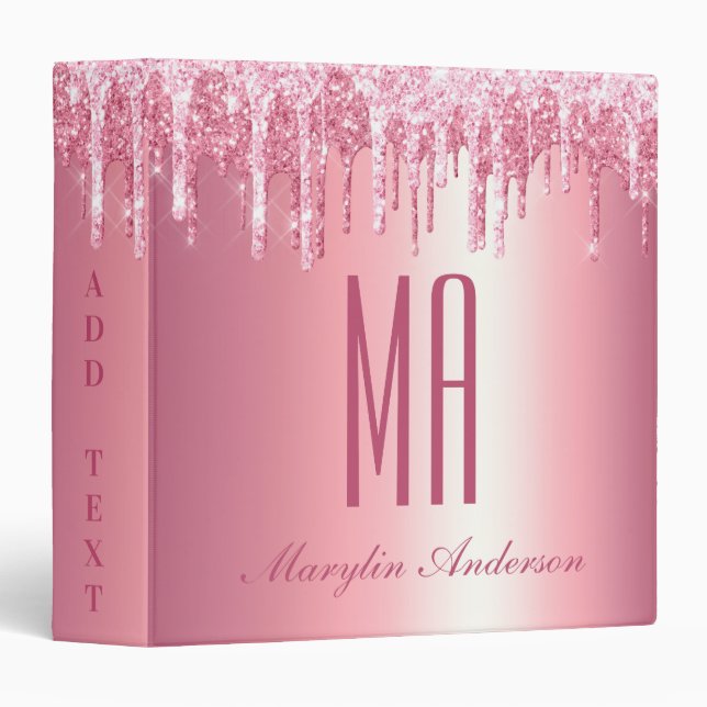 PRETTY PINK GLITTER DRIP CUSTOM NAME MONOGRAM BINDER (Front/Spine)