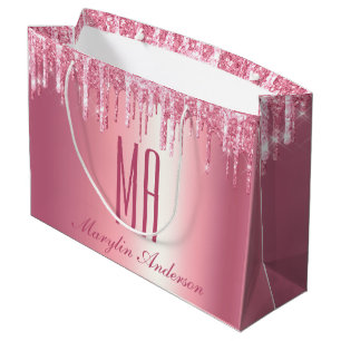 PRETTY PINK GLITTER DRIP CUSTOM NAME MONOGRAM LARGE GIFT BAG