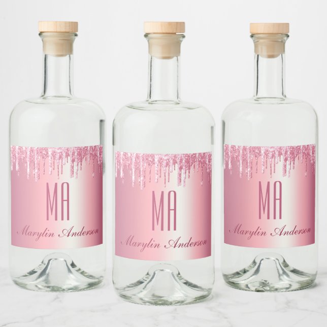 PRETTY PINK GLITTER DRIP CUSTOM NAME MONOGRAM LIQUOR BOTTLE LABEL (Bottles)