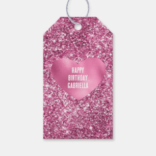 Pretty Pink Glitter Glam Heart Birthday Gift Tags