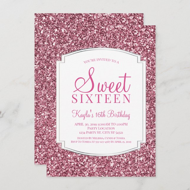 Pretty Pink Glitter Sweet 16 Invitations (Front/Back)