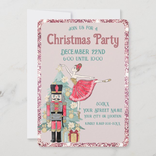 Pretty Pink Glitter & Teal Nutcracker Christmas Invitation (Front)