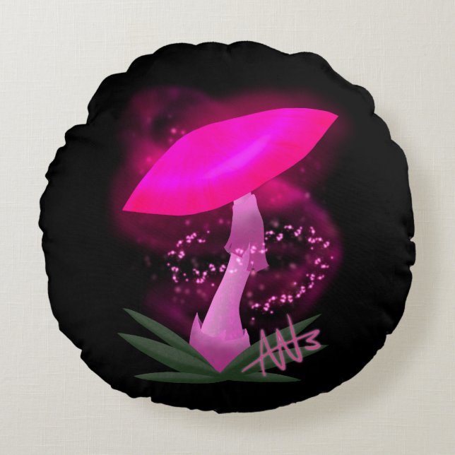 Pretty Pink Glowing Mushroom Round Pillow (Front)