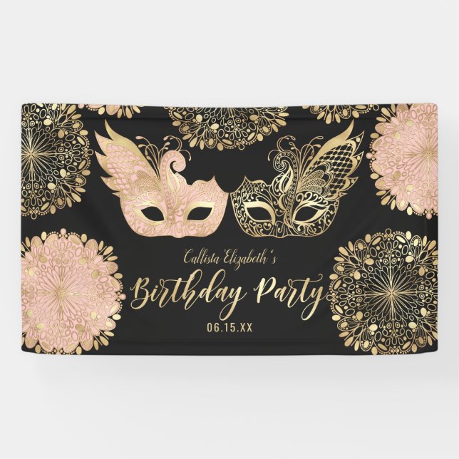 Pretty Pink Gold Black Masquerade Mask Birthday Banner (Horizontal)