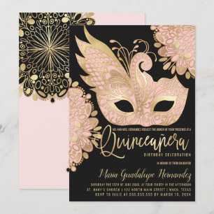 Pretty Pink Gold Black Masquerade Mask Quinceañera Invitation