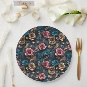 Pretty Pink Gold Blue Roses  Paper Plate