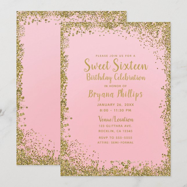 Pretty Pink & Gold Glitter Edge Sweet 16 Party Invitation (Front/Back)